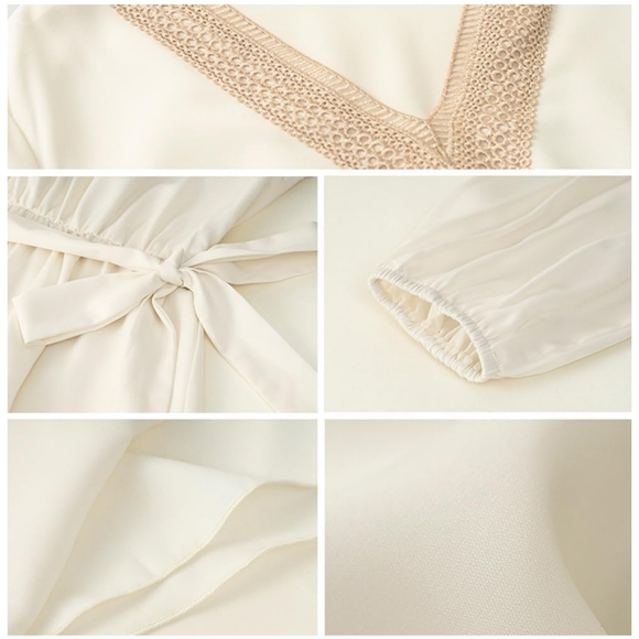 NWT Prettygarden Beige V Tie Belt Long Sleeve Boho Bohemian Flowy Mini Dress M - Picture 8 of 12